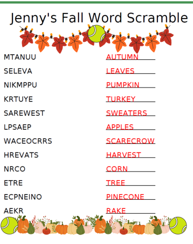Jenny's Fall Word Scramble Jenny's Fall Word Scramble